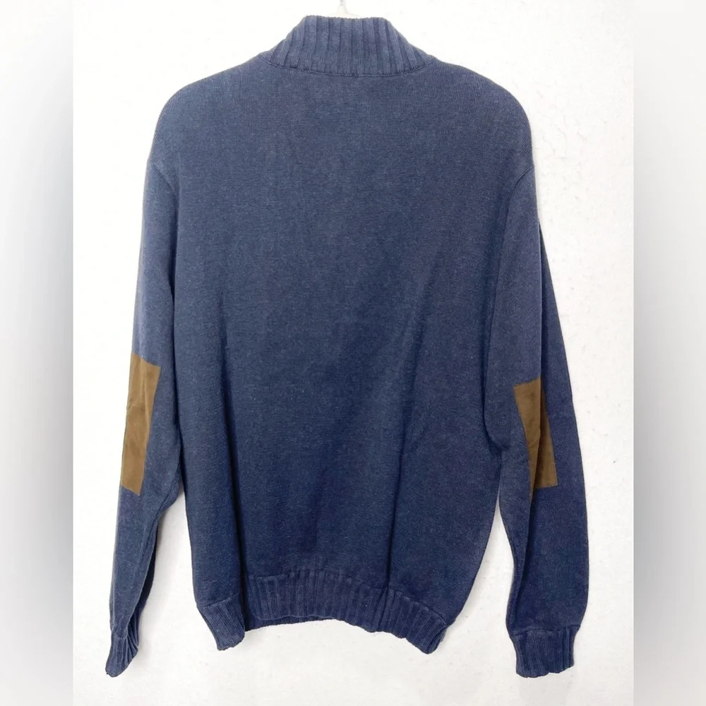 Alex Cannon 100% Cotton Knit Pull Over Navy Blue Sweater Brown Elbow Patches Med